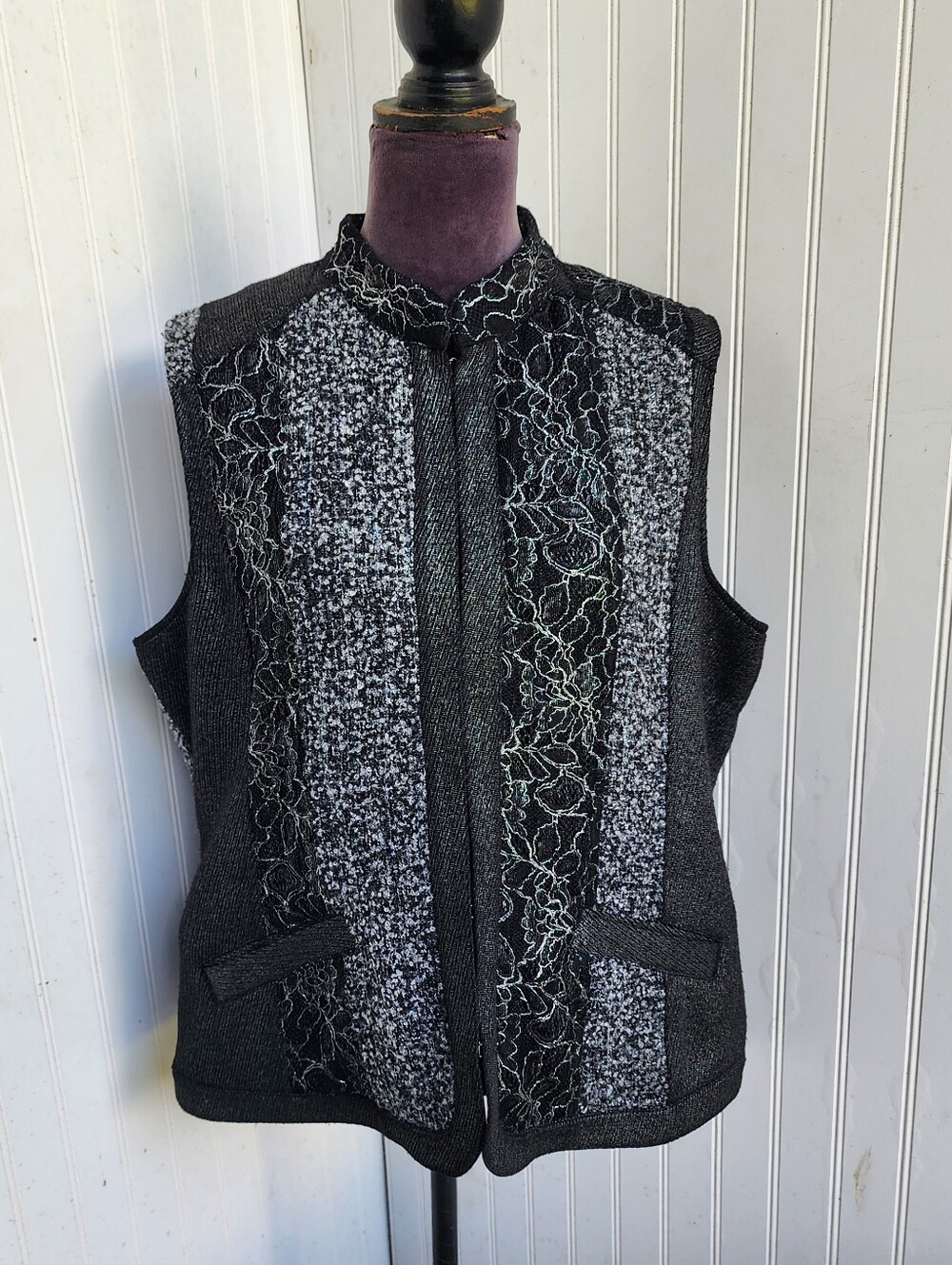 NWT $129 Chico’s NOIR PANELPIECE VESTBLACK WHITE Wool Nylon Blend 3 XL
